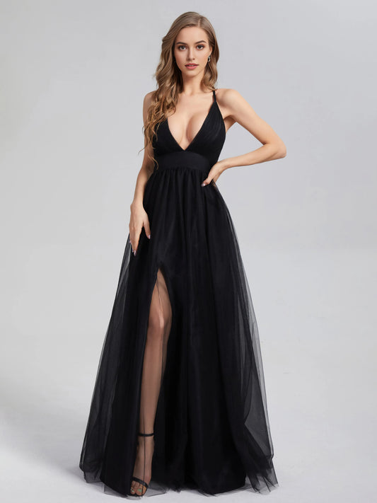 Elegant Black Tulle V-neck Split Tulle Prom Dress with Plunging Spaghetti Straps and High Side Slit