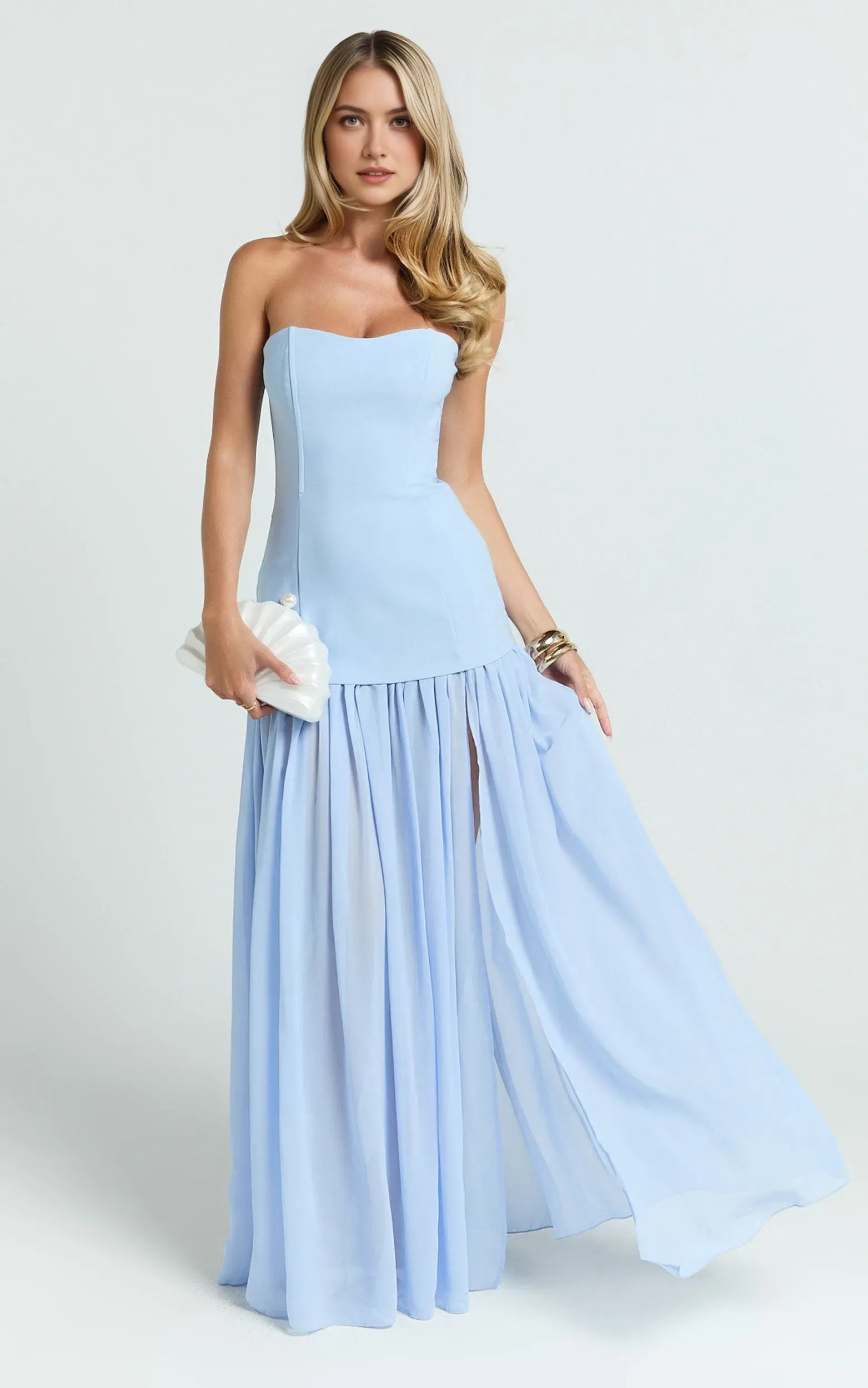Elegant Blue A-Line Strapless Neckline Sleeveless Ruched Bodice Slit Floor-Length Prom Dress