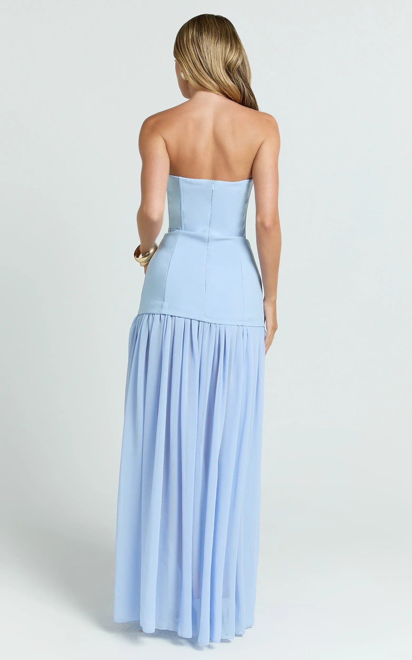 Elegant Blue A-Line Strapless Neckline Sleeveless Ruched Bodice Slit Floor-Length Prom Dress