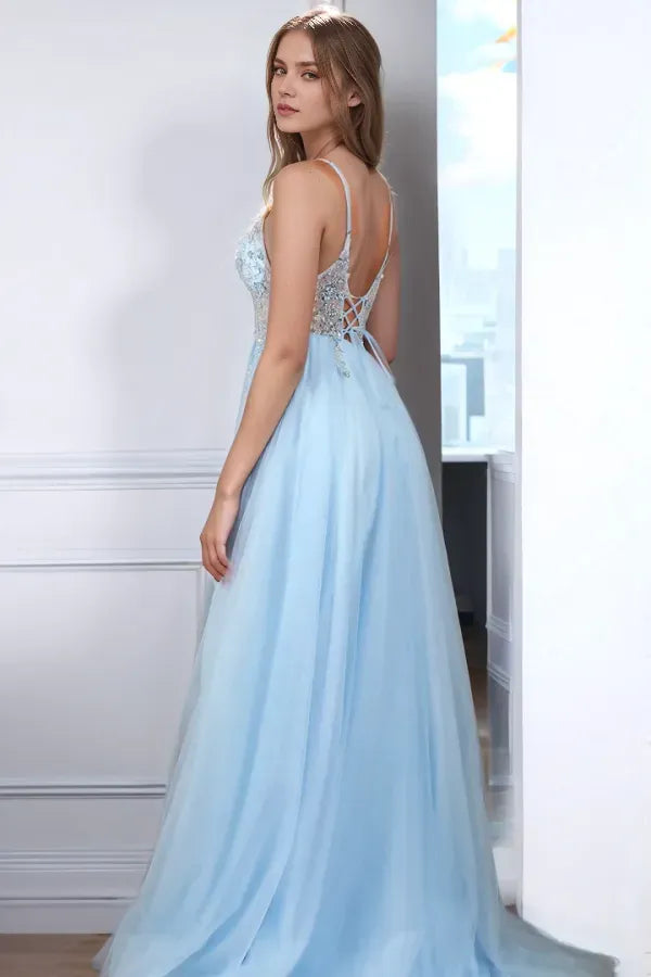 Elegant Blue A-Line V Neck Spaghetti-Strap Appliques Lace-Up High Side Slit Floor-Length Prom Dress