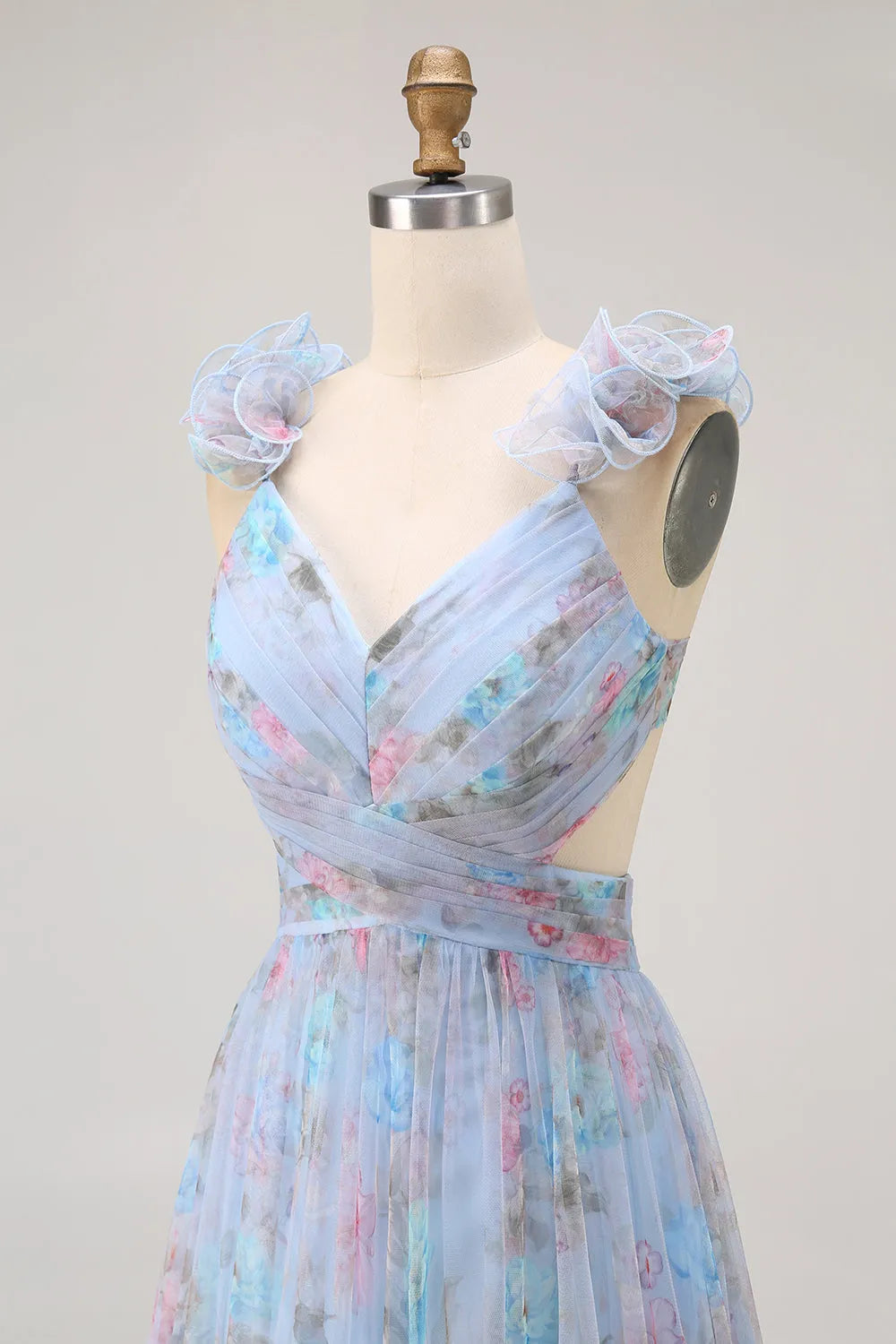 Elegant Blue Floral A -Line V -Neck Sleeveless Floral -Printed Bow Back Tiered Tulle Floor-Length Prom Dresses