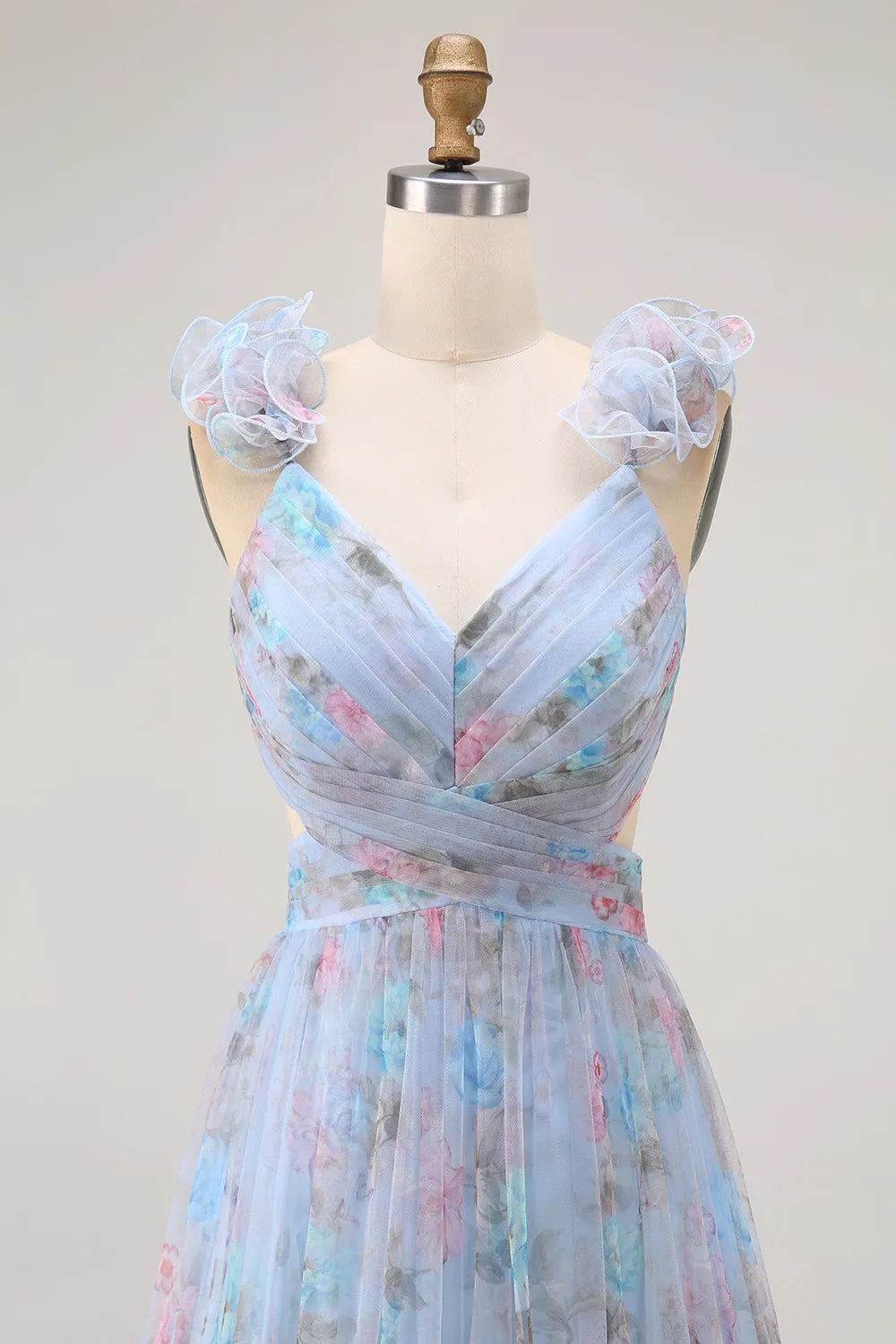 Elegant Blue Floral A -Line V -Neck Sleeveless Floral -Printed Bow Back Tiered Tulle Floor-Length Prom Dresses