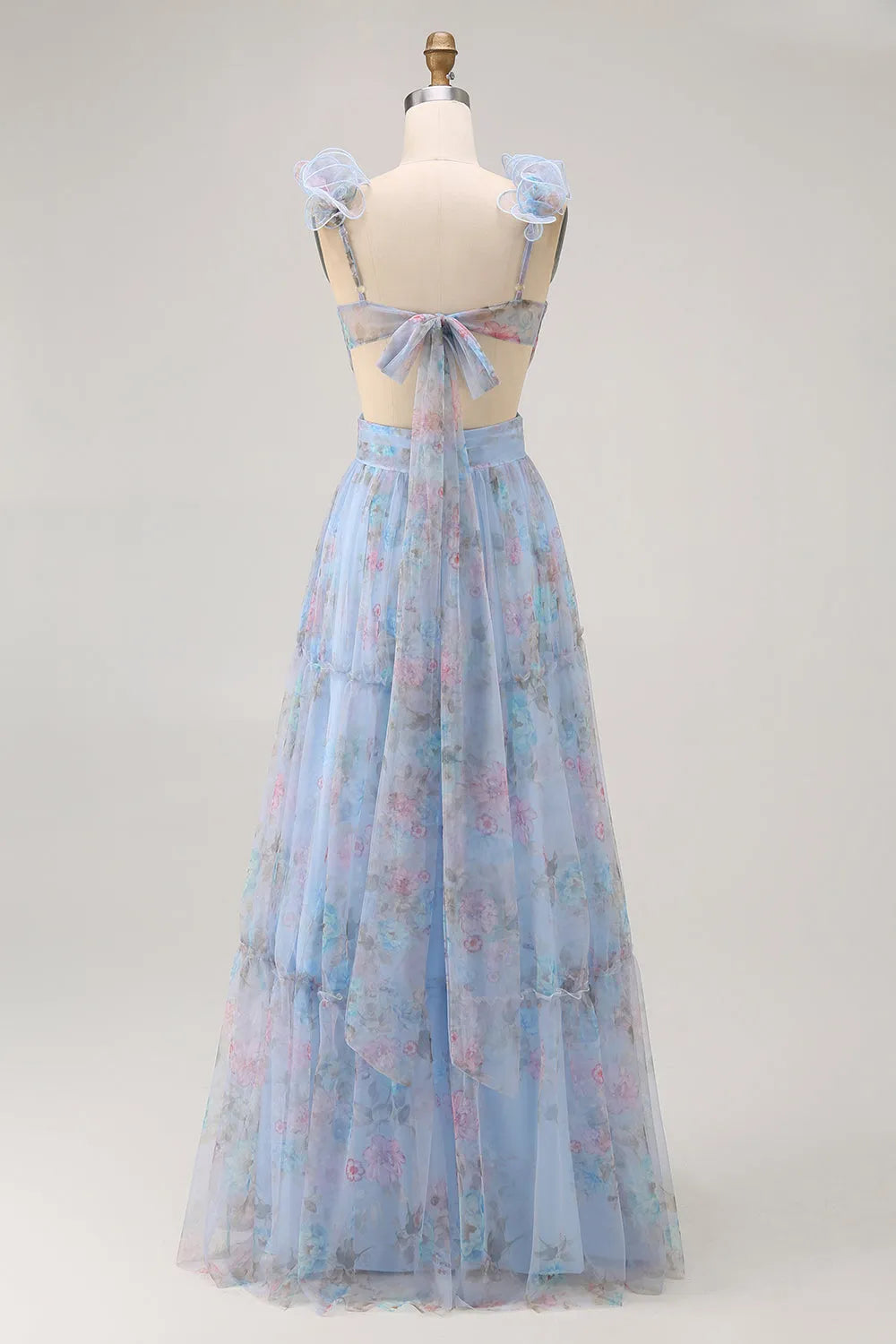 Elegant Blue Floral A -Line V -Neck Sleeveless Floral -Printed Bow Back Tiered Tulle Floor-Length Prom Dresses