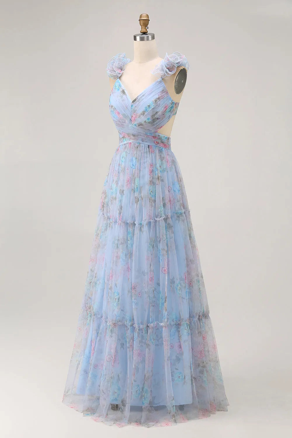 Elegant Blue Floral A -Line V -Neck Sleeveless Floral -Printed Bow Back Tiered Tulle Floor-Length Prom Dresses