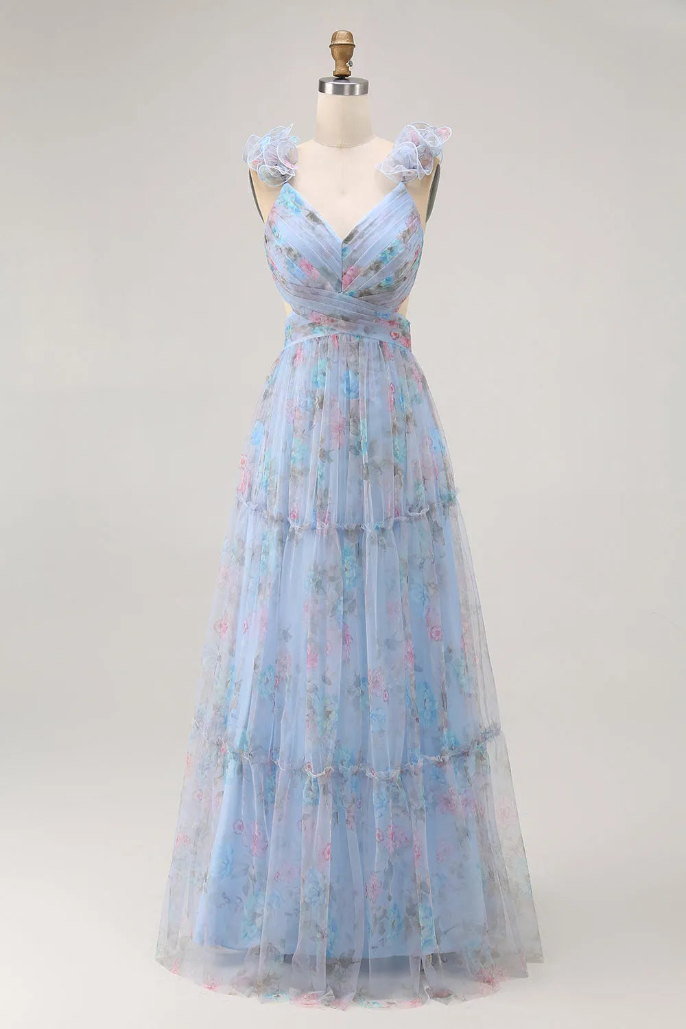 Elegant Blue Floral A -Line V -Neck Sleeveless Floral -Printed Bow Back Tiered Tulle Floor-Length Prom Dresses