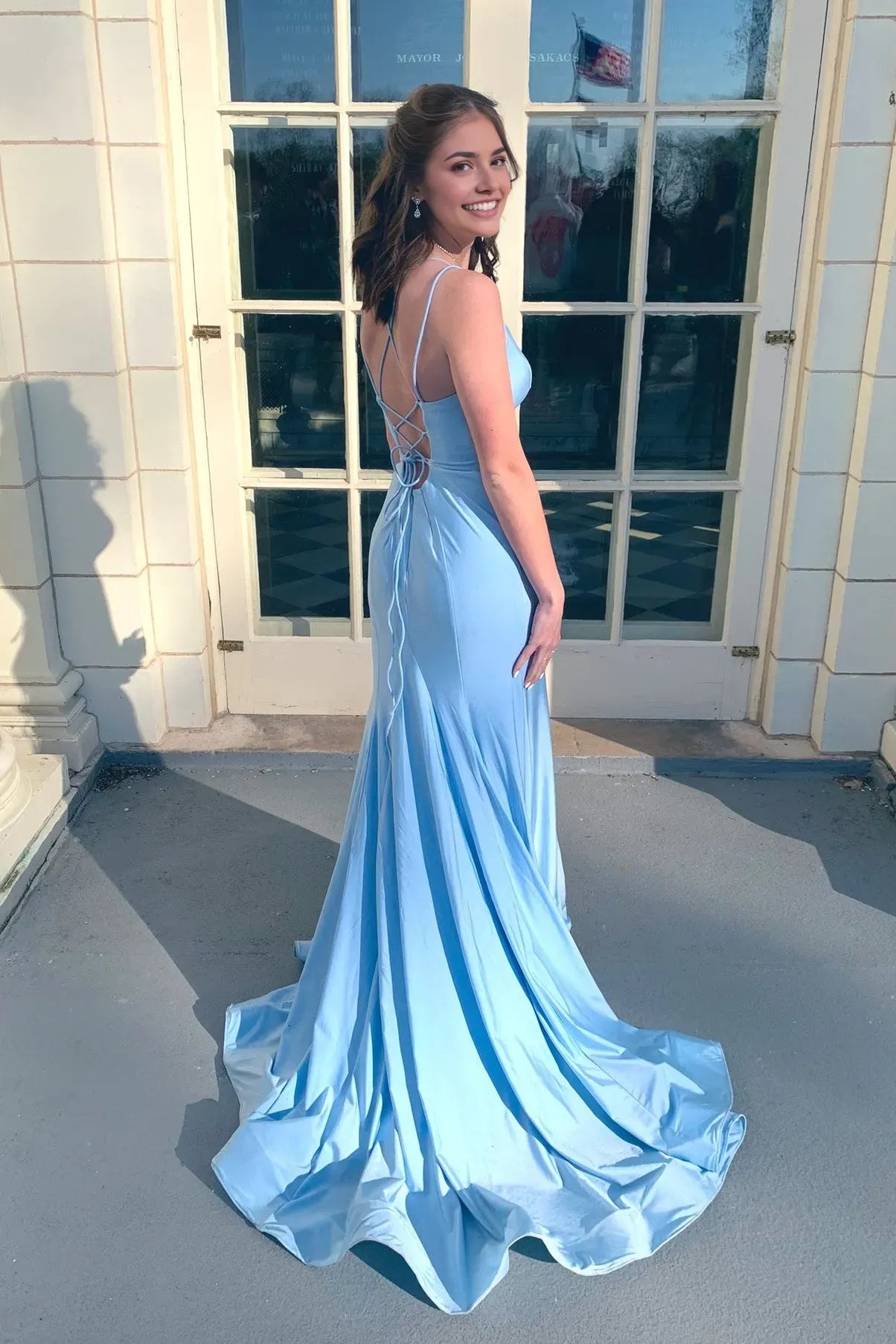 Elegant Blue Mermaid Satin V-Neck Sleeveless Corset bodice Lace-Up Floor Length Prom Dress Hot Sale