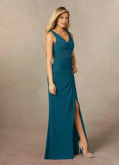 Elegant  Blue Mermaid Sequins V-Neck Sleeveless Back Zip Floor-Length Side Leg Slit Mother of the Bride Dress hot sale