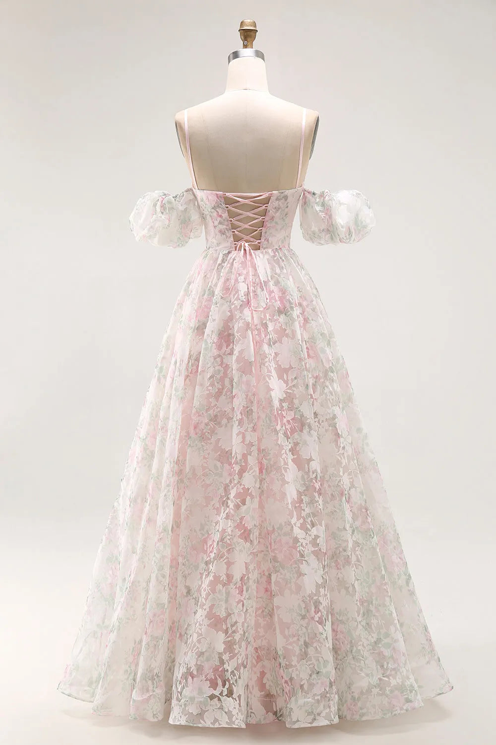 Elegant Blush A Line Sweetheart Neck  Puff Sleeve Lace Up Back Floral Floor-Length Prom Dress Hot Sale