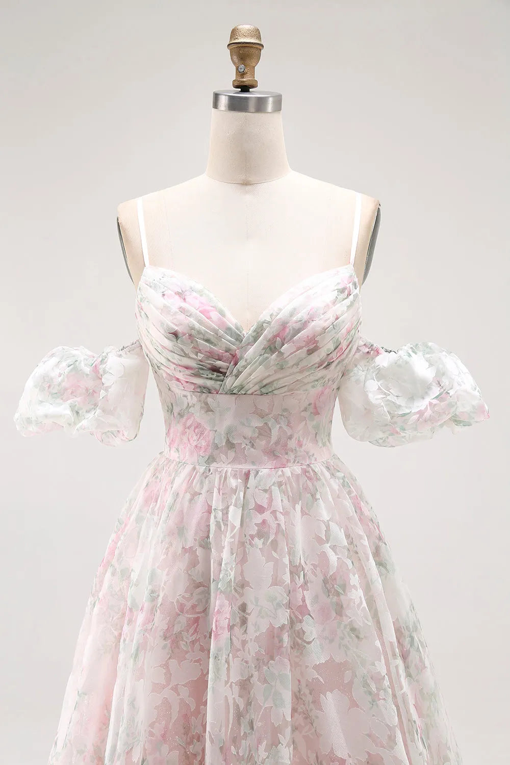 Elegant Blush A Line Sweetheart Neck  Puff Sleeve Lace Up Back Floral Floor-Length Prom Dress Hot Sale