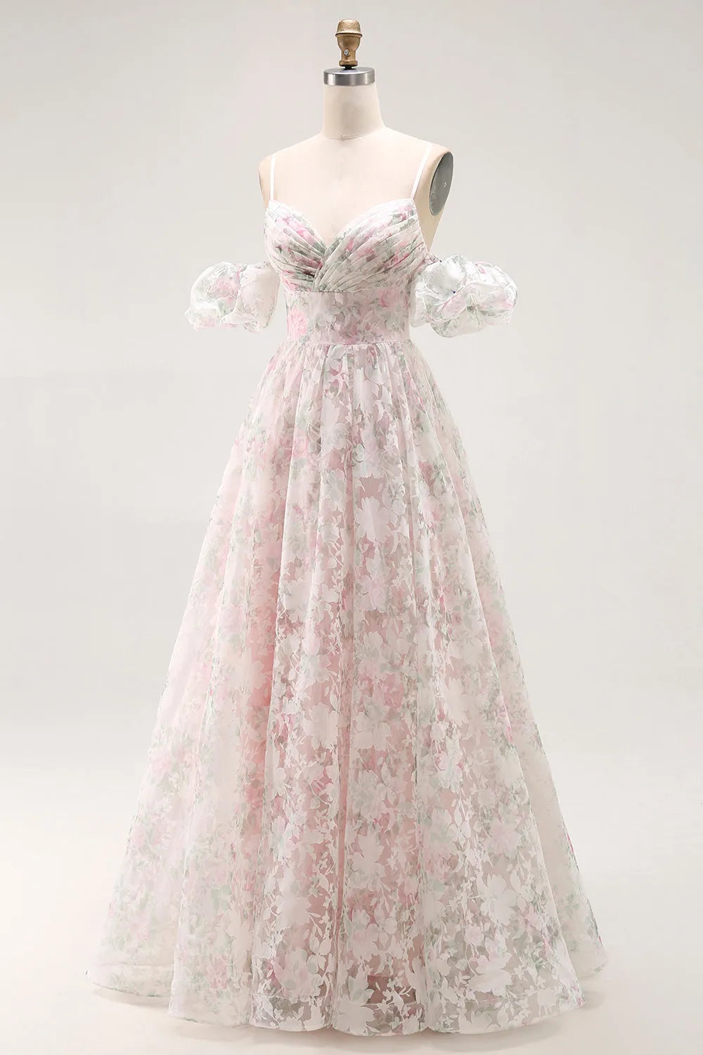 Elegant Blush A Line Sweetheart Neck  Puff Sleeve Lace Up Back Floral Floor-Length Prom Dress Hot Sale