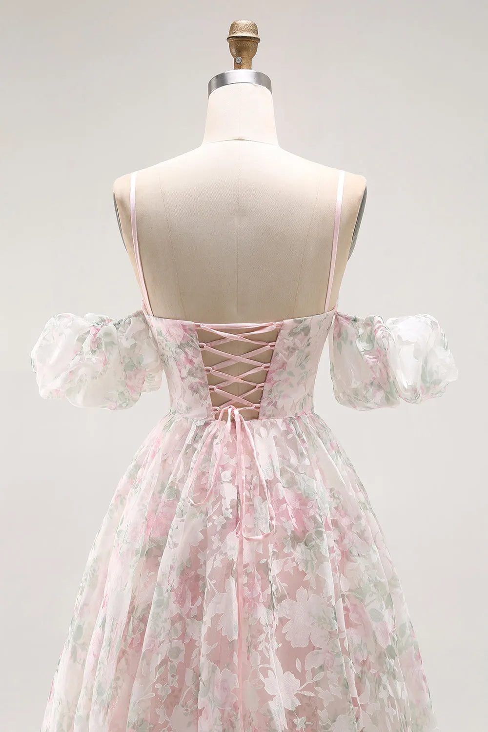 Elegant Blush A Line Sweetheart Neck  Puff Sleeve Lace Up Back Floral Floor-Length Prom Dress Hot Sale