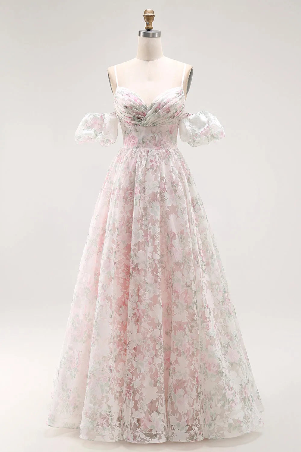 Elegant Blush A Line Sweetheart Neck  Puff Sleeve Lace Up Back Floral Floor-Length Prom Dress Hot Sale