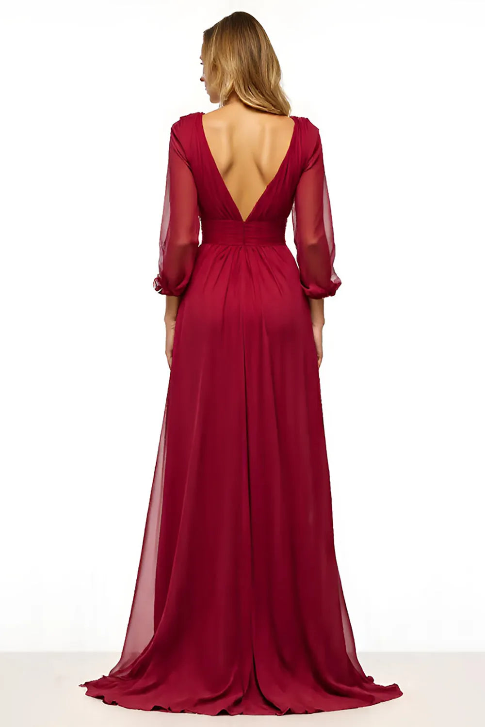 Elegant Burgundy A-Line Deep V-Neck Sheer Long Sleeve Open-Back Floor-Length Mother of the Bride Dress with Slit