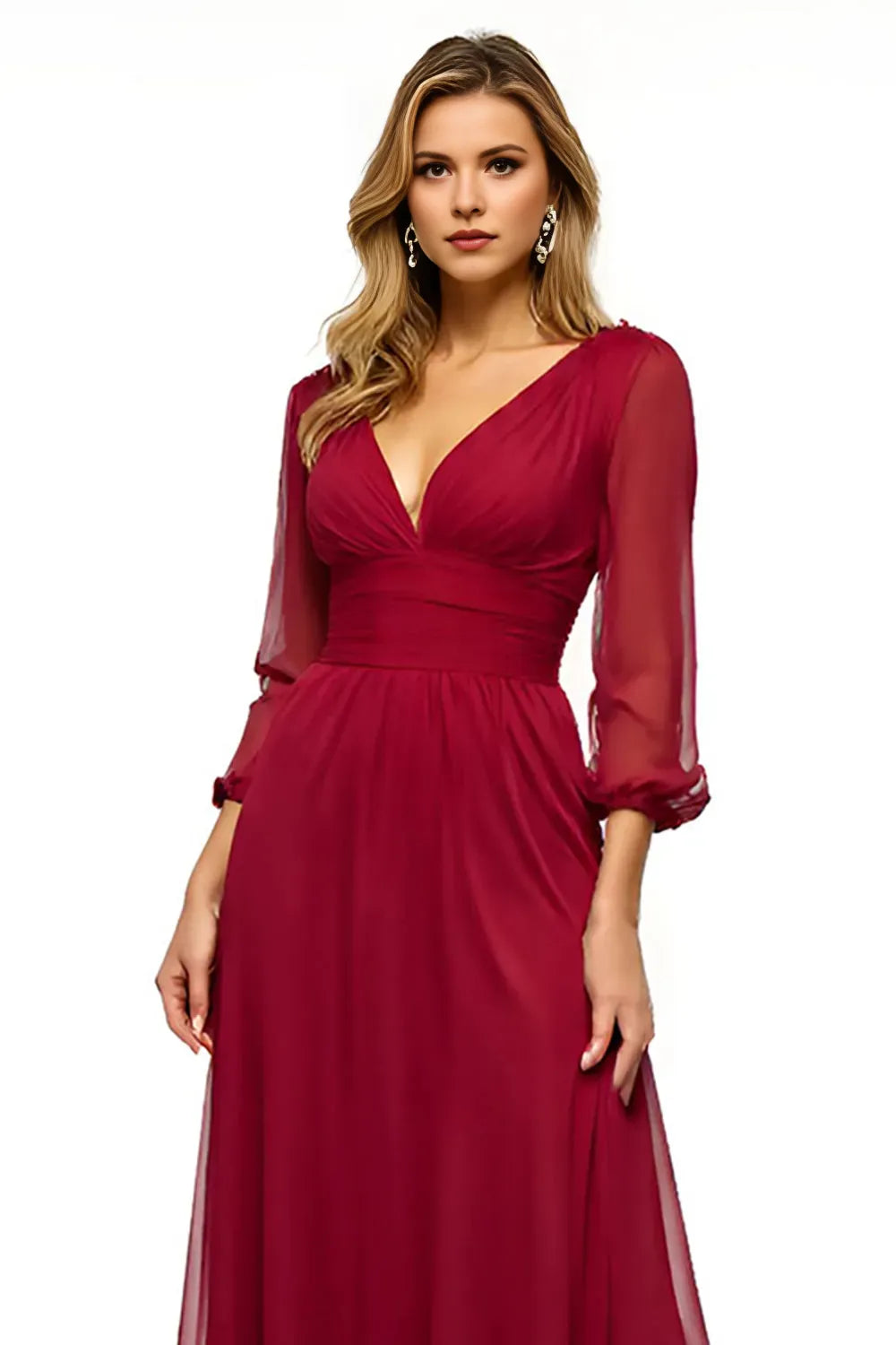 Elegant Burgundy A-Line Deep V-Neck Sheer Long Sleeve Open-Back Floor-Length Mother of the Bride Dress with Slit