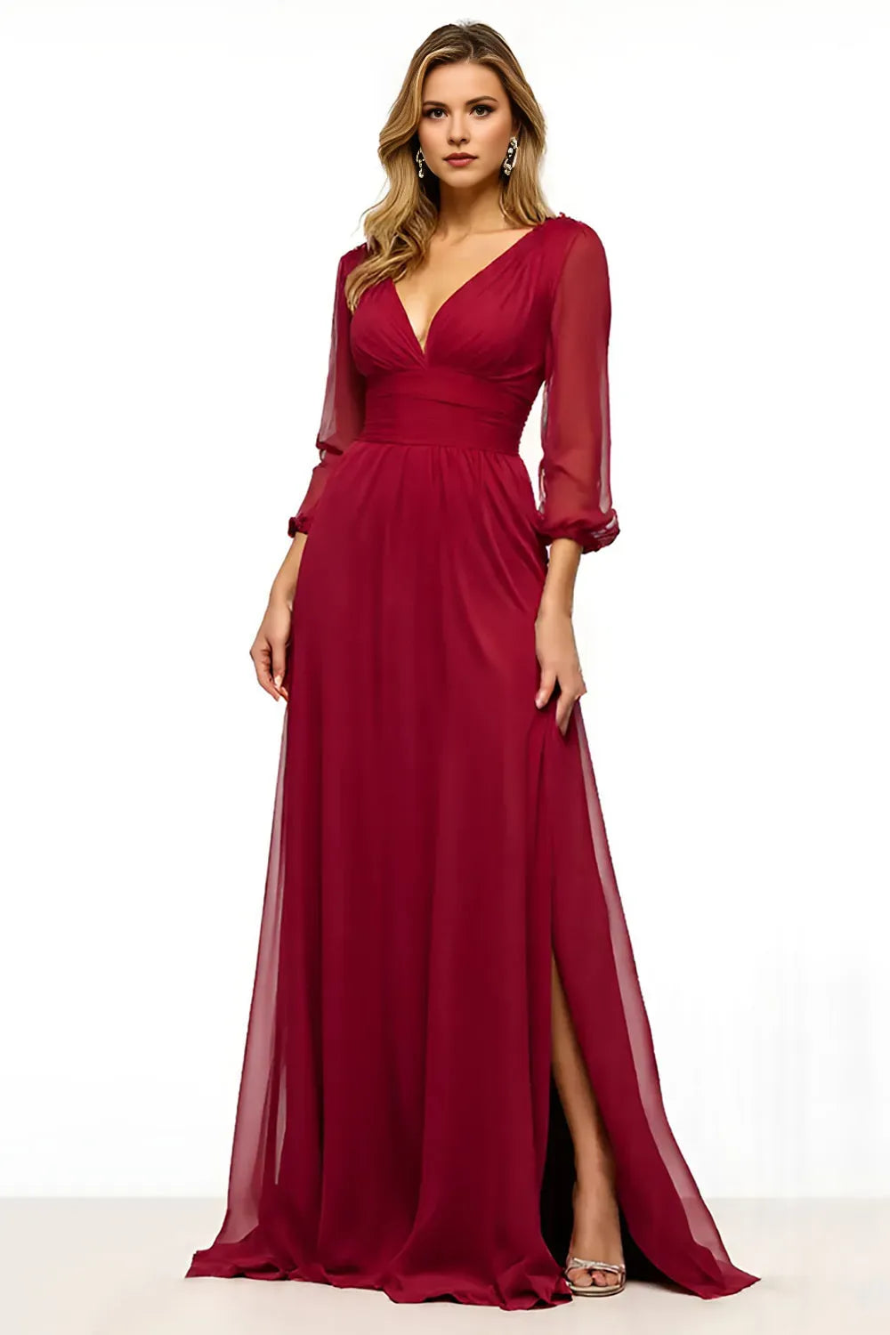 Elegant Burgundy A-Line Deep V-Neck Sheer Long Sleeve Open-Back Floor-Length Mother of the Bride Dress with Slit