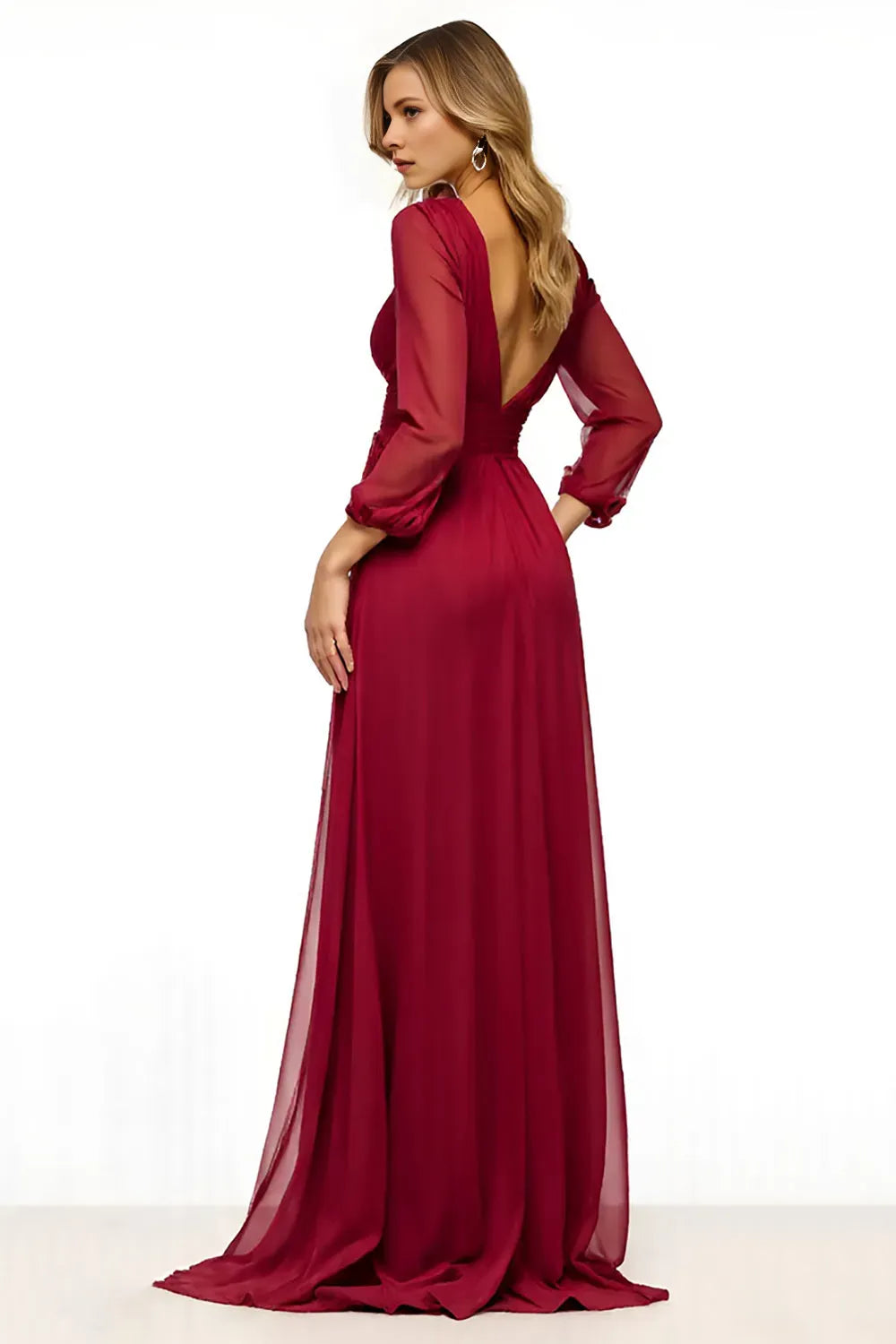 Elegant Burgundy A-Line Deep V-Neck Sheer Long Sleeve Open-Back Floor-Length Mother of the Bride Dress with Slit