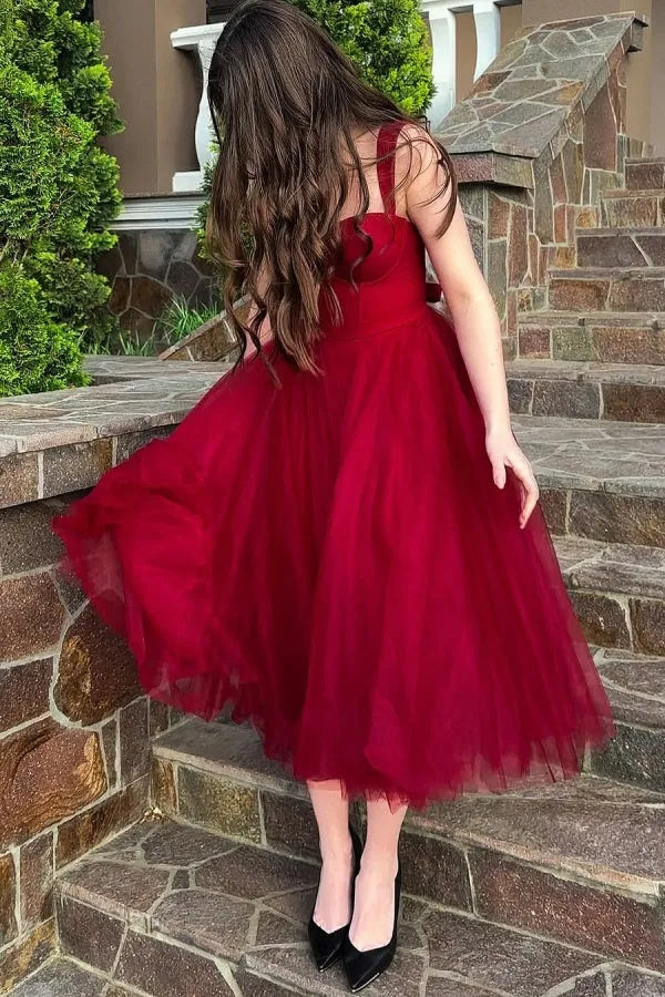 Elegant Burgundy A-Line Sweetheart Neck Sleeveless pleated Tulle Lace Up Tea-Length Prom Dress Hot Sale
