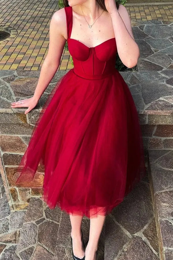 Elegant Burgundy A-Line Sweetheart Neck Sleeveless pleated Tulle Lace Up Tea-Length Prom Dress Hot Sale