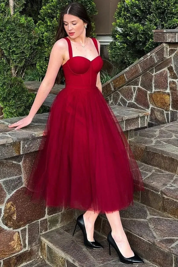 Elegant Burgundy A-Line Sweetheart Neck Sleeveless pleated Tulle Lace Up Tea-Length Prom Dress Hot Sale