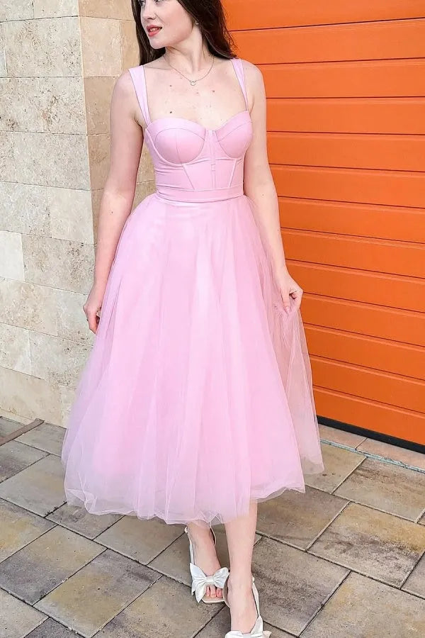 Elegant Burgundy A-Line Sweetheart Neck Sleeveless pleated Tulle Lace Up Tea-Length Prom Dress Hot Sale