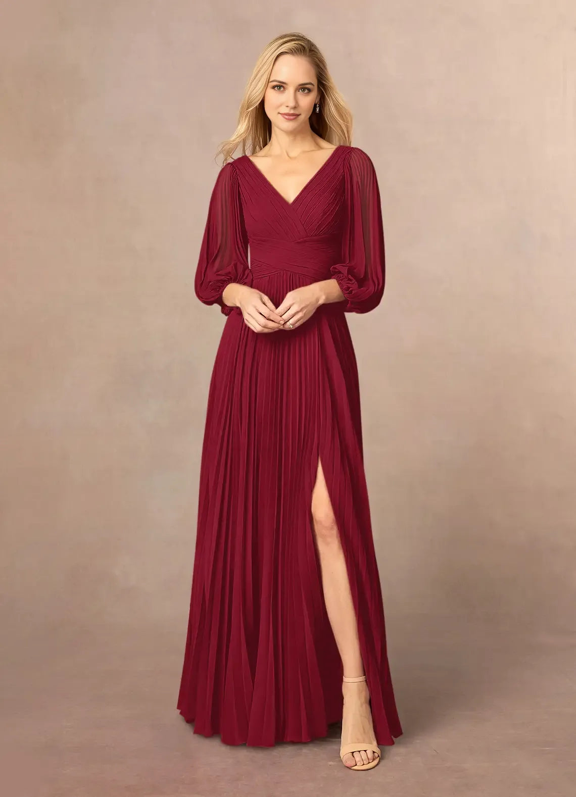 Elegant Burgundy  A-Line V-Neck Long Sleeve Back Zip Floor-Length Side Leg Slit Mother of the Bride Dress ready to ship