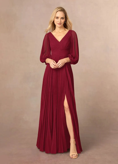 Elegant Burgundy  A-Line V-Neck Long Sleeve Back Zip Floor-Length Side Leg Slit Mother of the Bride Dress ready to ship