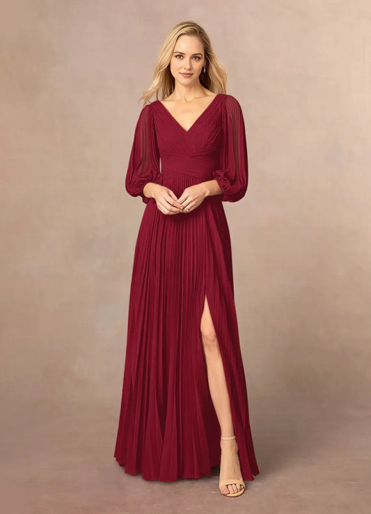 Elegant Burgundy  A-Line V-Neck Long Sleeve Back Zip Floor-Length Side Leg Slit Mother of the Bride Dress ready to ship