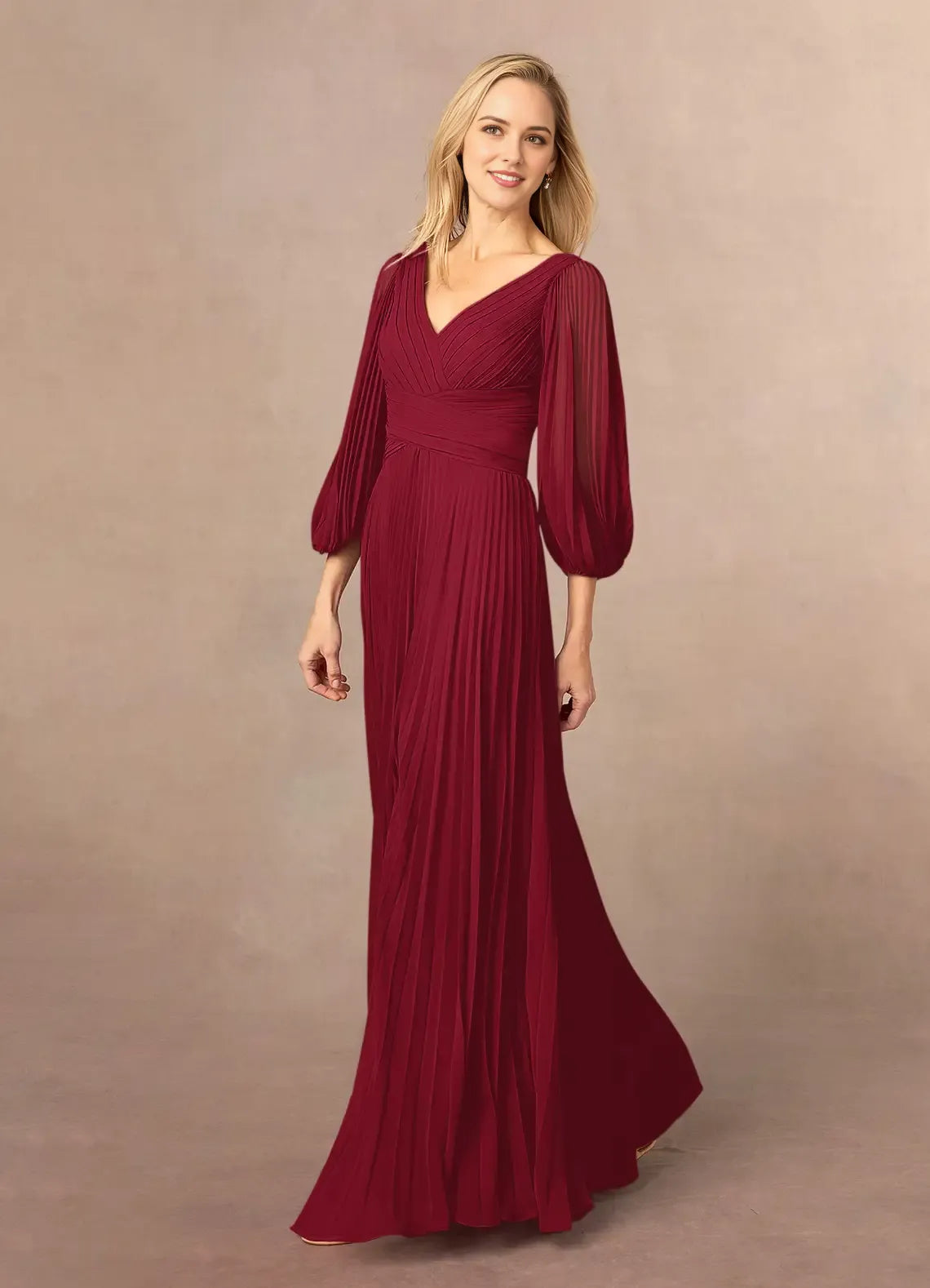 Elegant Burgundy  A-Line V-Neck Long Sleeve Back Zip Floor-Length Side Leg Slit Mother of the Bride Dress ready to ship