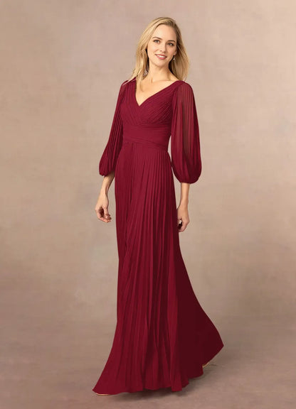 Elegant Burgundy  A-Line V-Neck Long Sleeve Back Zip Floor-Length Side Leg Slit Mother of the Bride Dress ready to ship