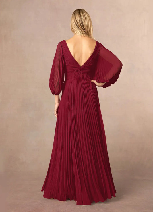 Elegant Burgundy  A-Line V-Neck Long Sleeve Back Zip Floor-Length Side Leg Slit Mother of the Bride Dress ready to ship