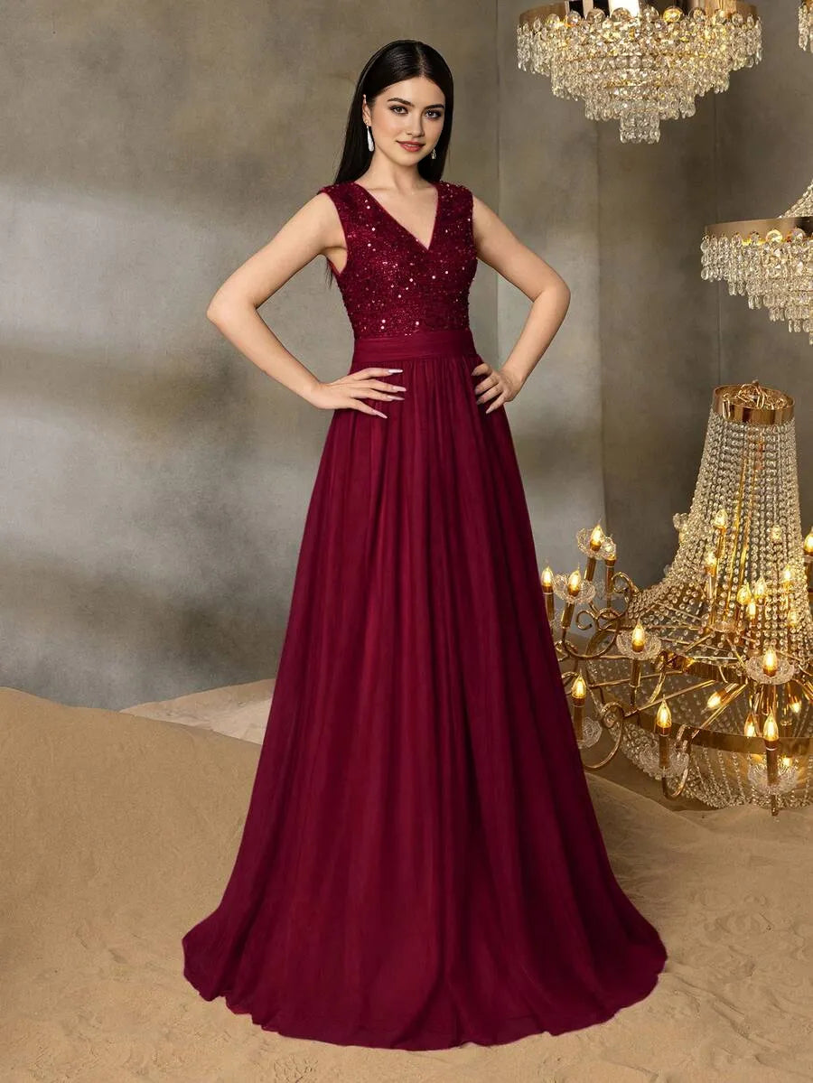 Elegant Burgundy A-Line V-Neck Sleeveless Back Zip Sequin Tulle Floor-Length Prom Dress