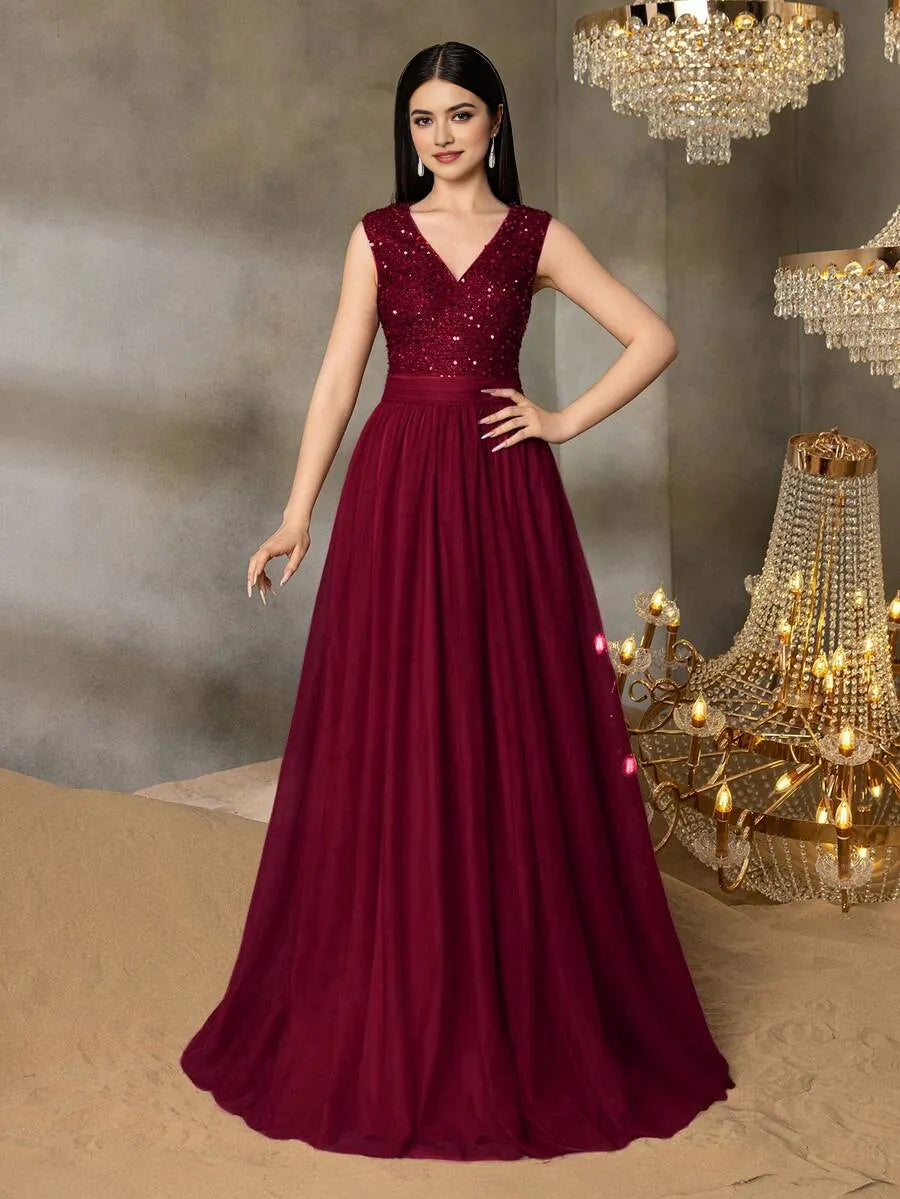 Elegant Burgundy A-Line V-Neck Sleeveless Back Zip Sequin Tulle Floor-Length Prom Dress
