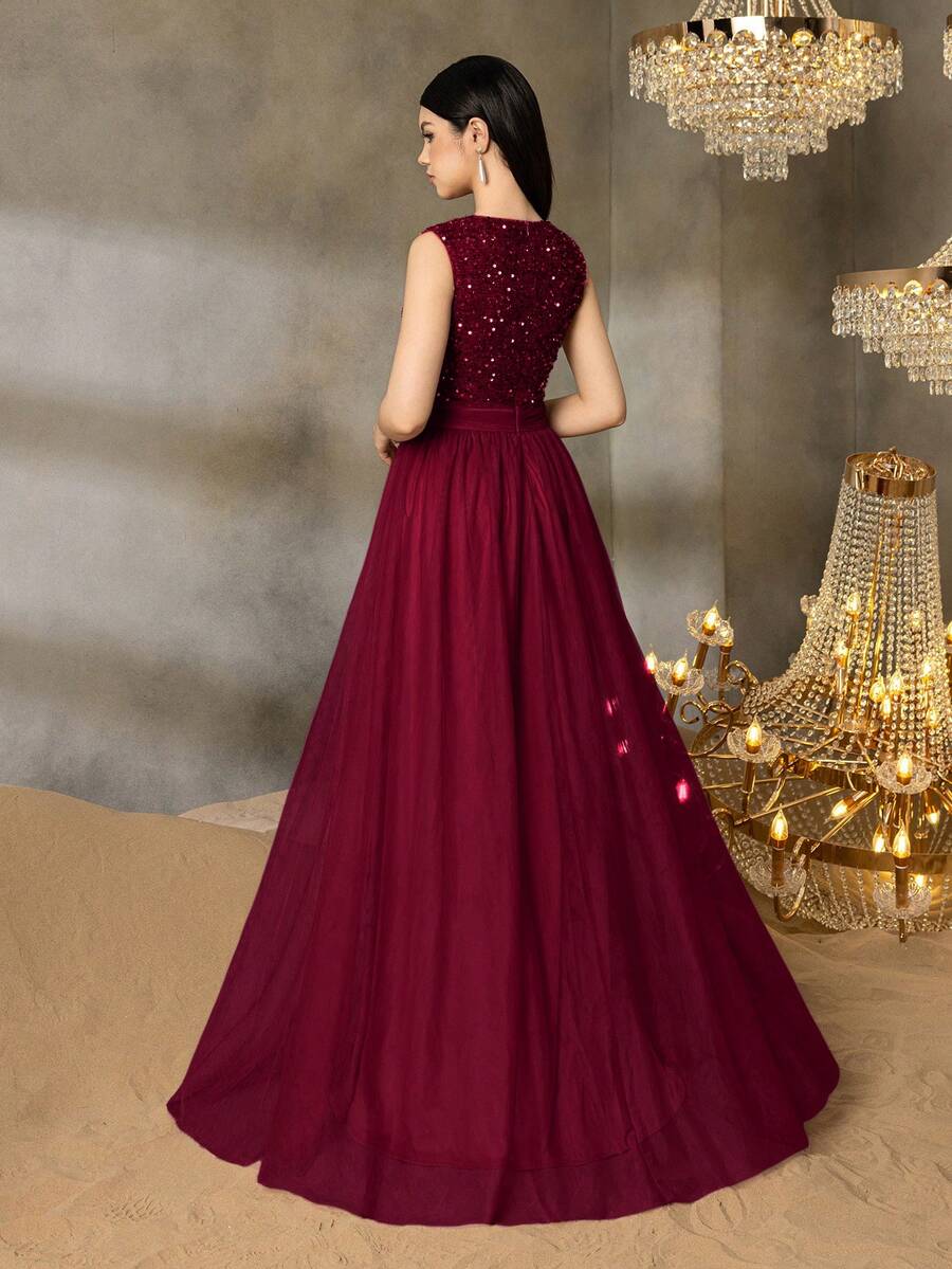 Elegant Burgundy A-Line V-Neck Sleeveless Back Zip Sequin Tulle Floor-Length Prom Dress