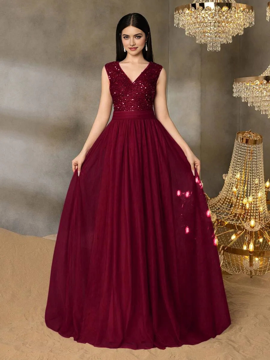 Elegant Burgundy A-Line V-Neck Sleeveless Back Zip Sequin Tulle Floor-Length Prom Dress