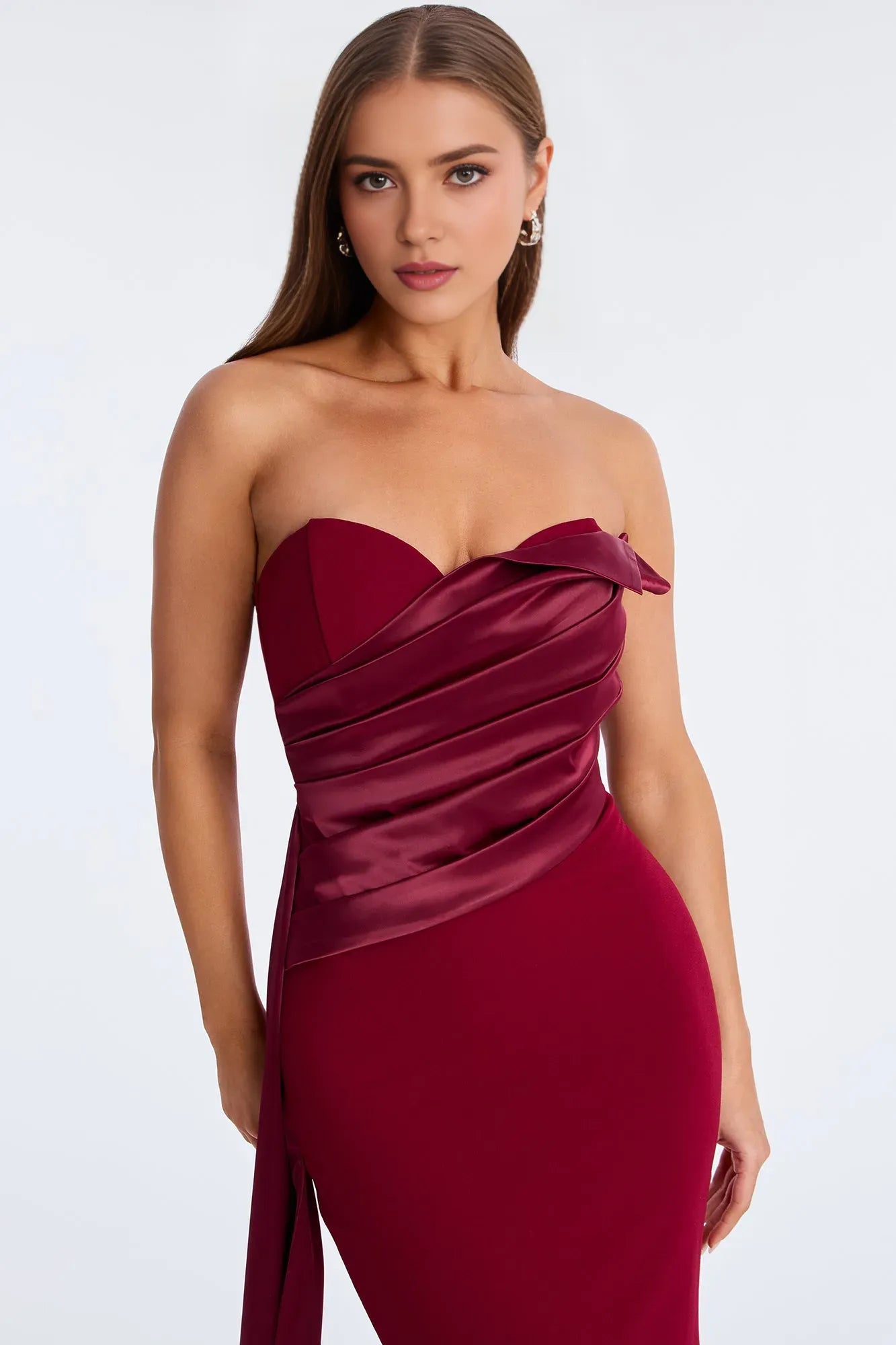 Elegant Burgundy Mermaid Asymmetrical Neckline Strapless  Back Zip Draped Floor-Length Prom Dresses