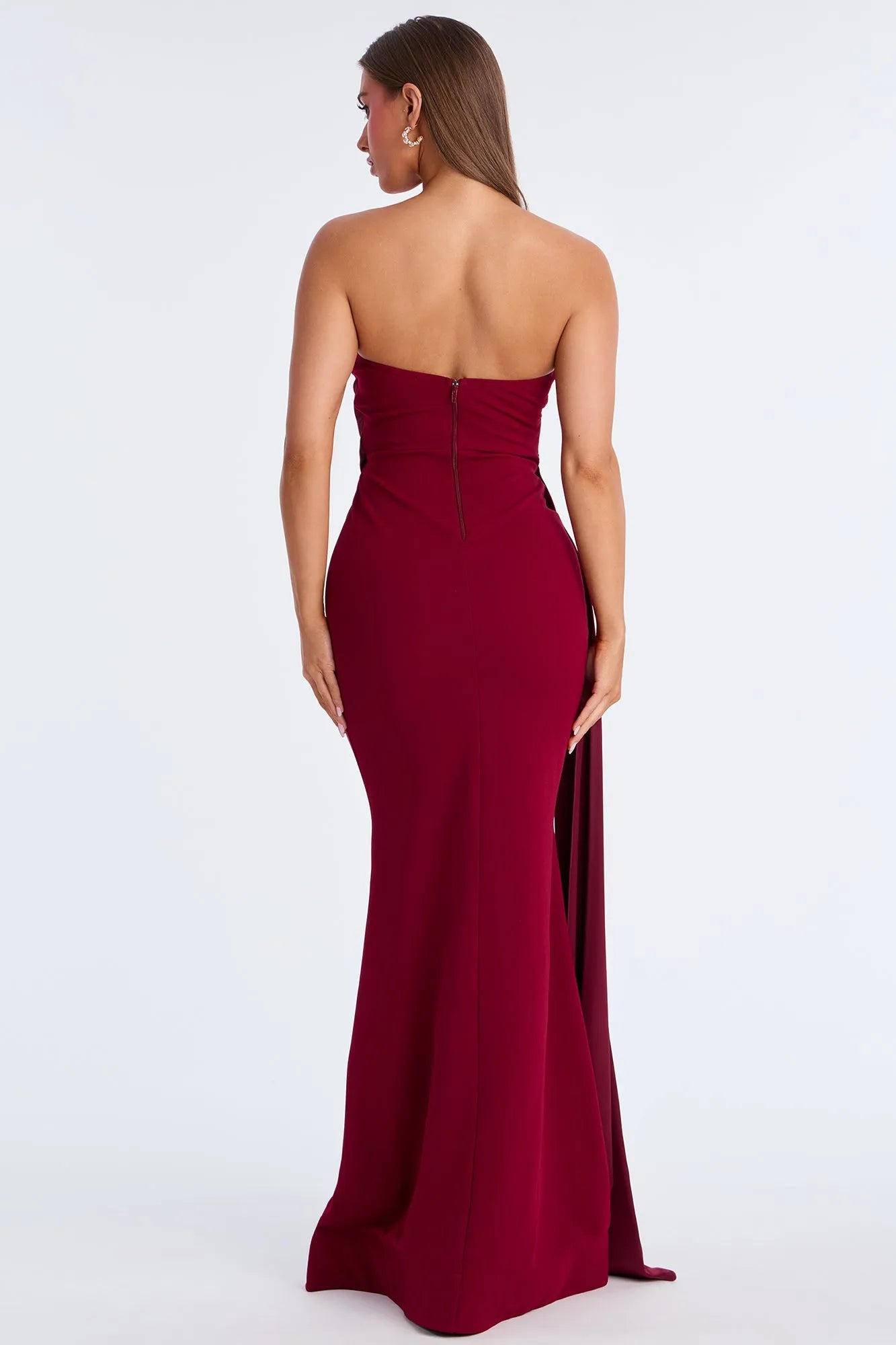 Elegant Burgundy Mermaid Asymmetrical Neckline Strapless  Back Zip Draped Floor-Length Prom Dresses