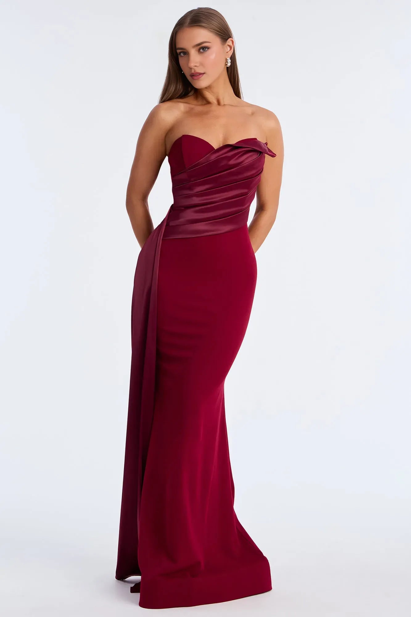 Elegant Burgundy Mermaid Asymmetrical Neckline Strapless  Back Zip Draped Floor-Length Prom Dresses