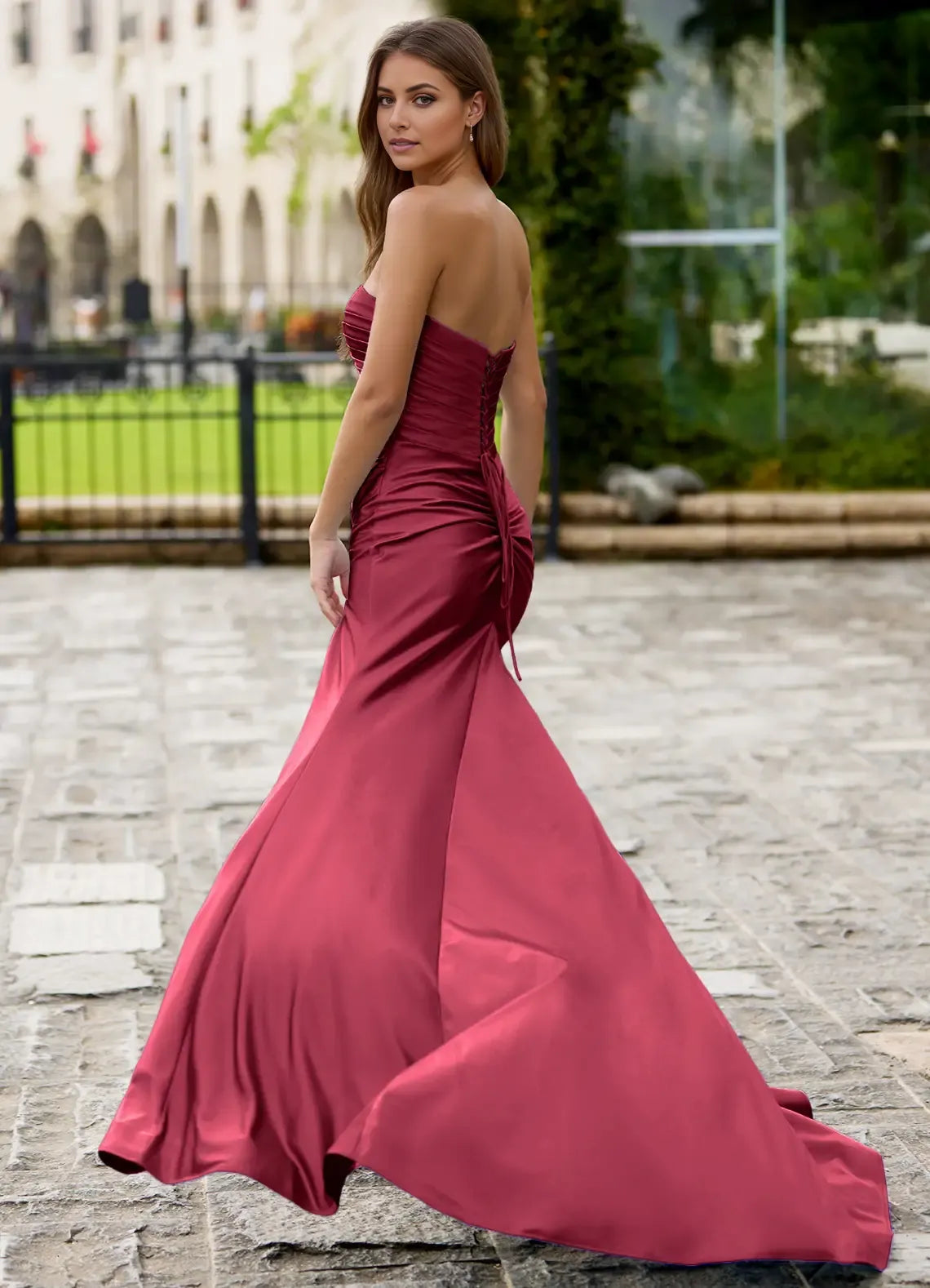Elegant Burgundy Mermaid Strapless Sleeveless Lace-Up Back Floor-Length Satin Slit Prom Dress with Cut-Out Detail