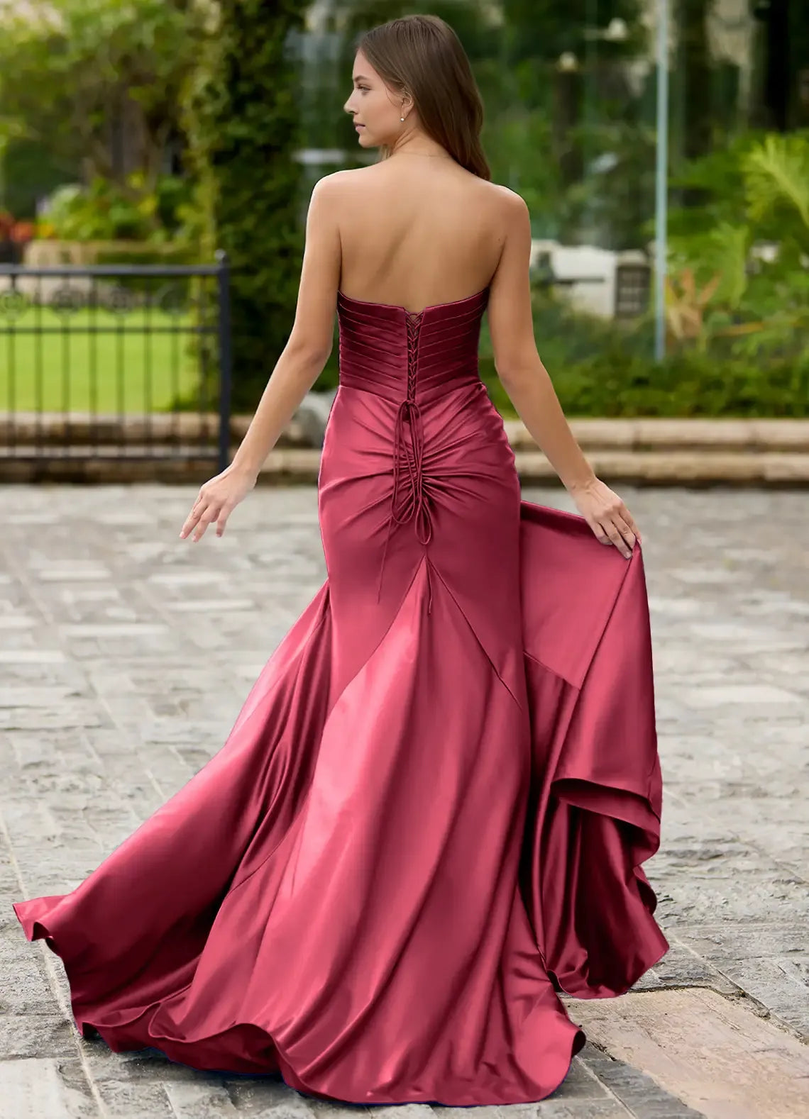Elegant Burgundy Mermaid Strapless Sleeveless Lace-Up Back Floor-Length Satin Slit Prom Dress with Cut-Out Detail