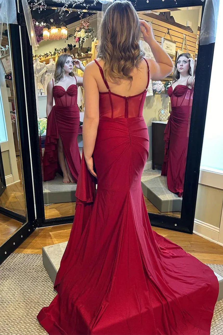 Elegant Burgundy Mermaid Sweetheart Neck Sleeveless Mesh Bodice Ruched Back Zip High-Slit Floor-Length Prom Dresses