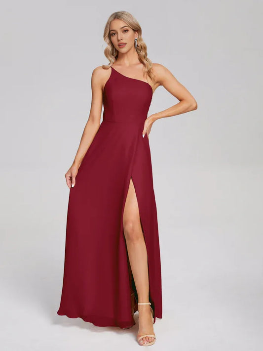 Elegant Burgundy One - Shoulder Chiffon Prom Dress with High Side Slit for sale hot sale