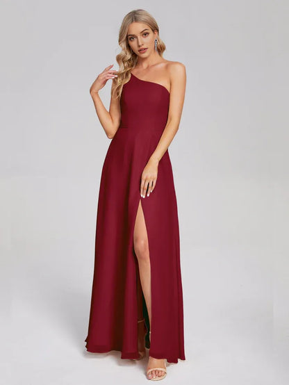 Elegant Burgundy One - Shoulder Chiffon Prom Dress with High Side Slit for sale hot sale