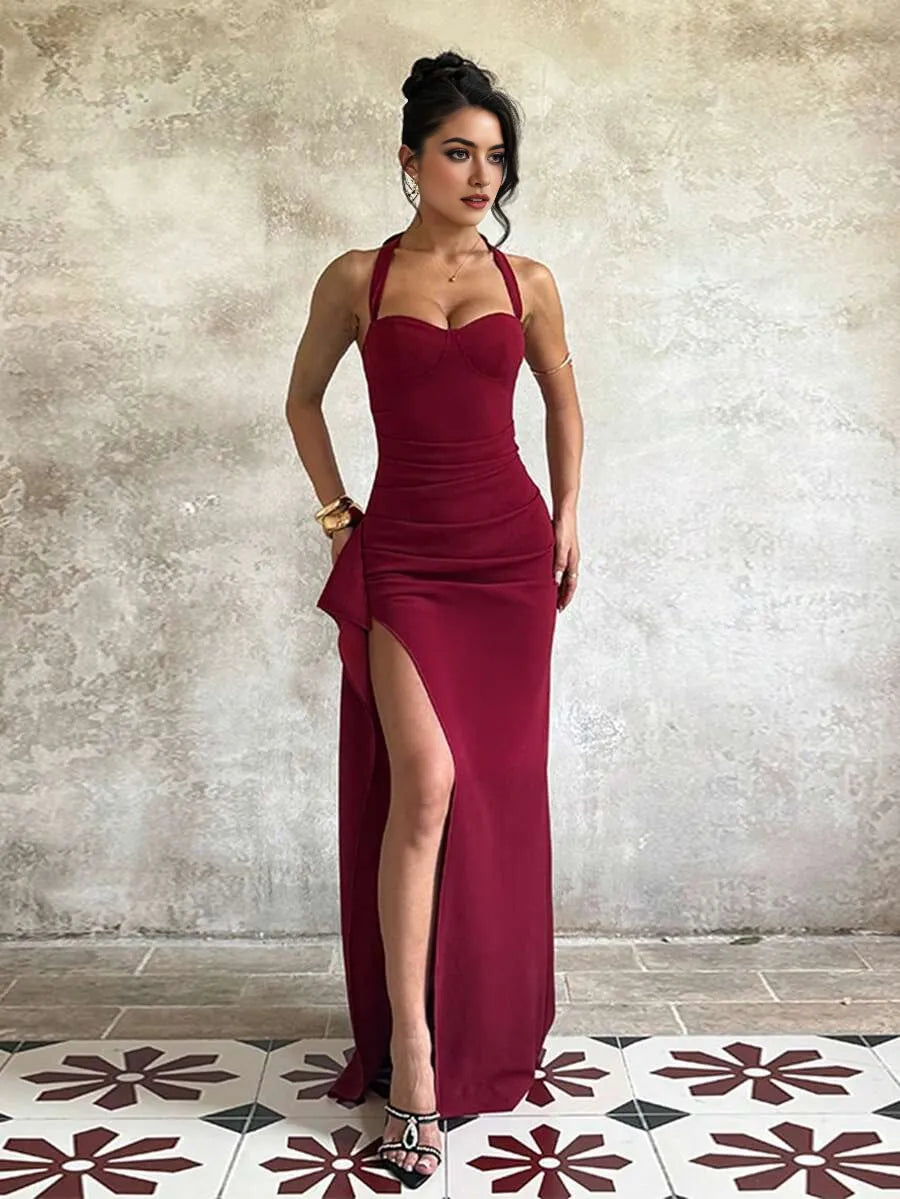Elegant Burgundy Sheath Halter Neck Sleeveless Back Zip Ruched Bodice Slit Floor-Length Prom Dress