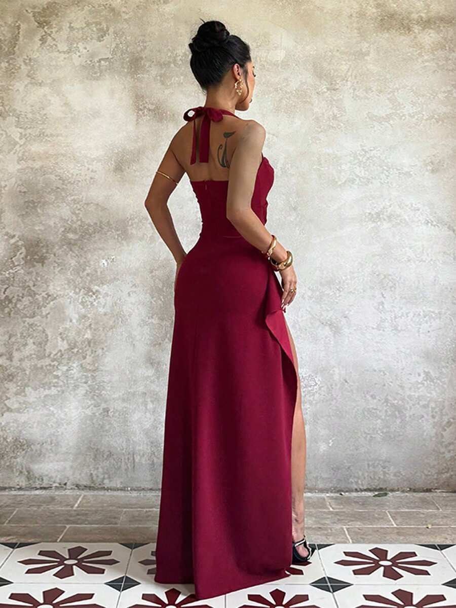 Elegant Burgundy Sheath Halter Neck Sleeveless Back Zip Ruched Bodice Slit Floor-Length Prom Dress
