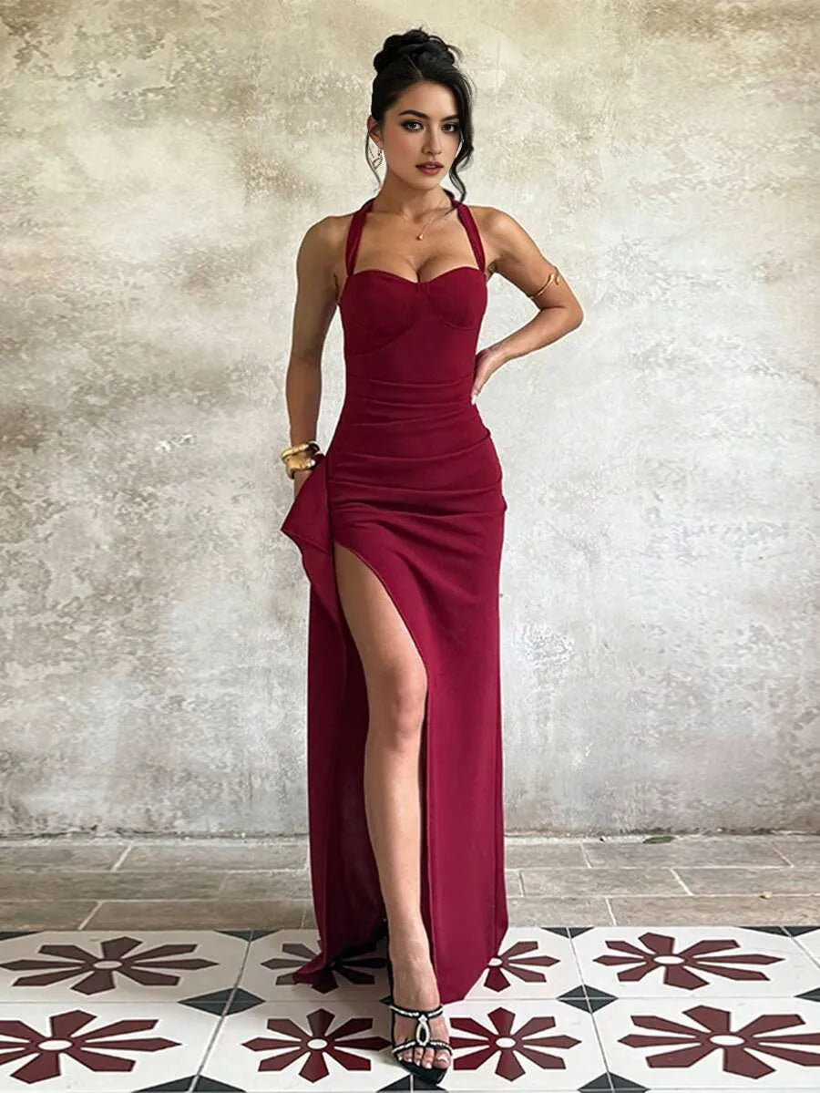 Elegant Burgundy Sheath Halter Neck Sleeveless Back Zip Ruched Bodice Slit Floor-Length Prom Dress