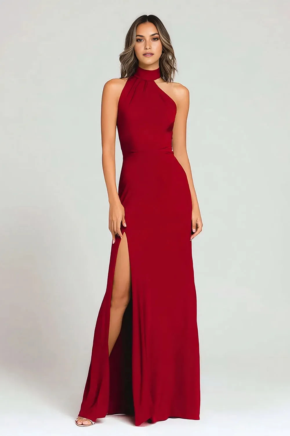 Elegant Burgundy Sheath Halter Neck Sleeveless Backless High Side Slit Floor-Length Prom Dresses with Slit