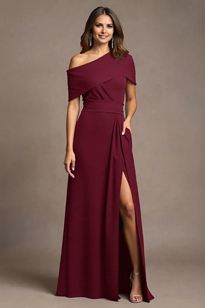 Elegant Burgundy Sheath One-Shoulder Ruched High Slit Mother of the Bride Dress female guests