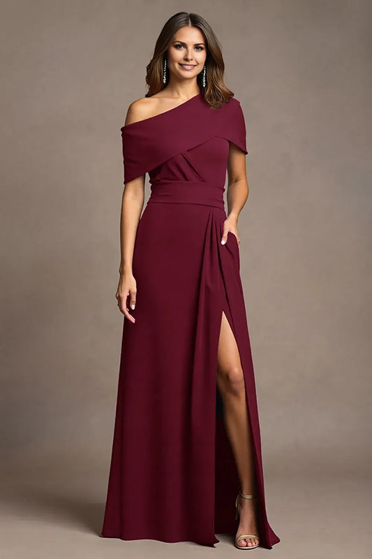 Elegant Burgundy Sheath One-Shoulder Ruched High Slit Mother of the Bride Dress female guests