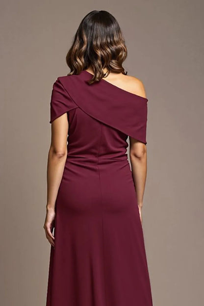 Elegant Burgundy Sheath One-Shoulder Ruched High Slit Mother of the Bride Dress female guests