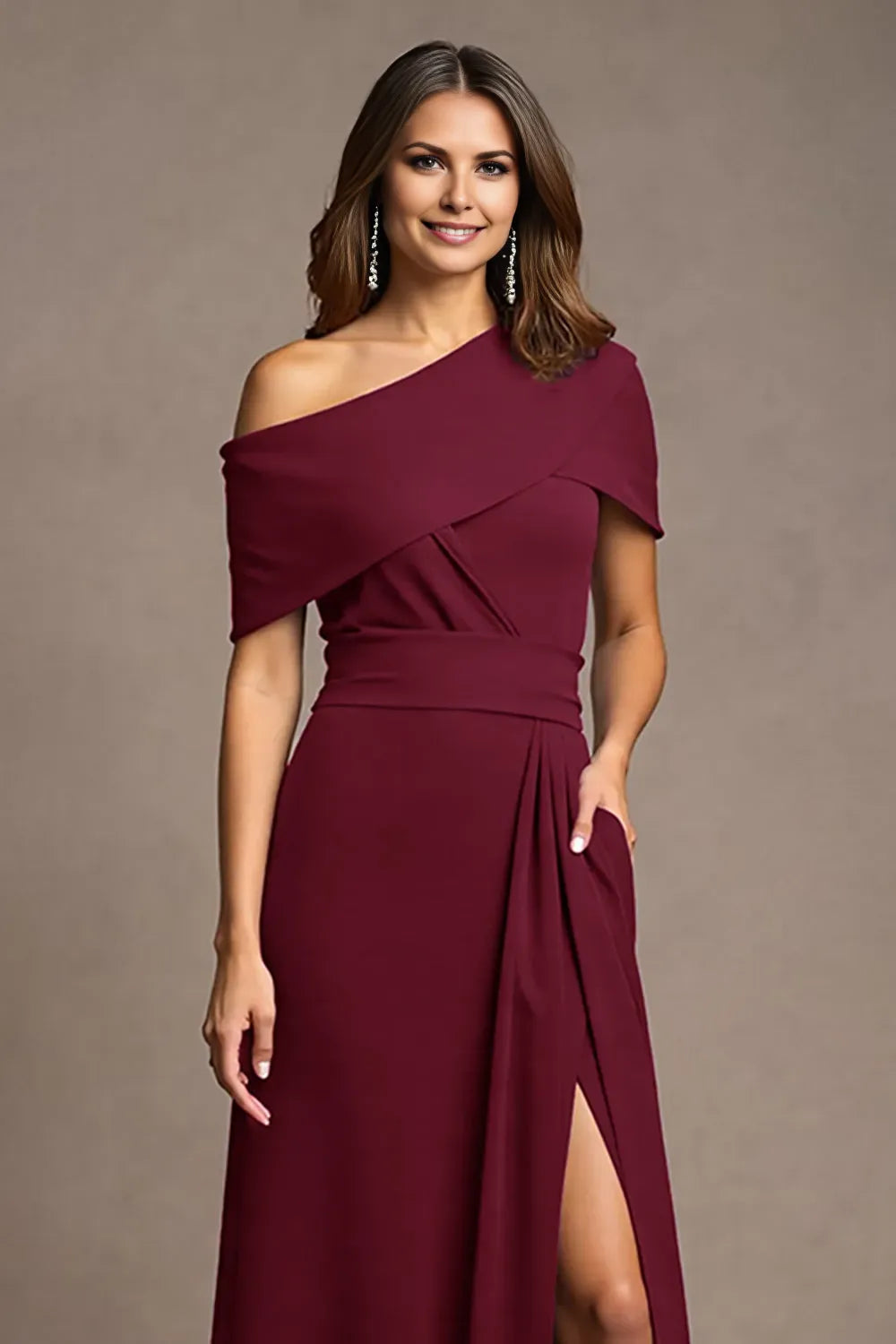 Elegant Burgundy Sheath One-Shoulder Ruched High Slit Mother of the Bride Dress female guests